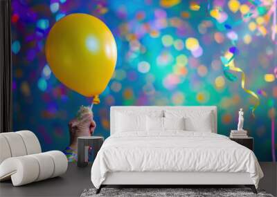 A photograph of a person celebrating, wearing a party hat, holding a floating yellow balloon, illuminated by vibrant blue and green lighting Wall mural